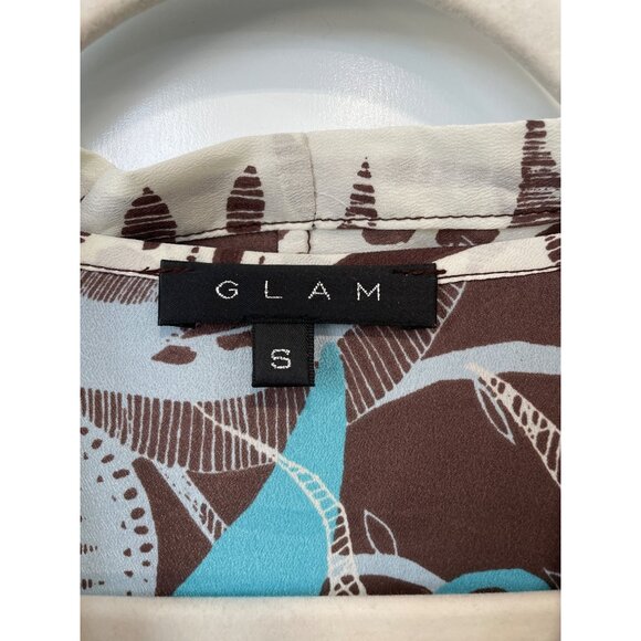 Glam Faux Wrap Long Sleeve Mini Dress Size Small Abstract Turquoise Brown Indie - Picture 3 of 8